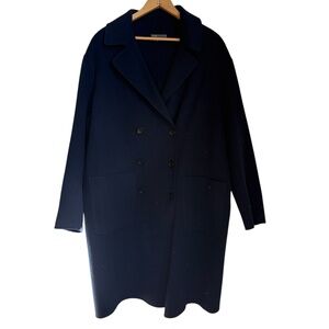 Vince Women's Navy Double-Breasted Wool Coat Size Large Long Overcoat Luxury